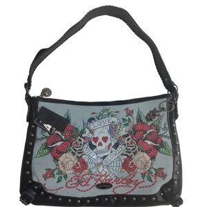 Ed Hardy Hobo Bag Skull Roses Rhinestone Denim Leather Shoulder Bag Women